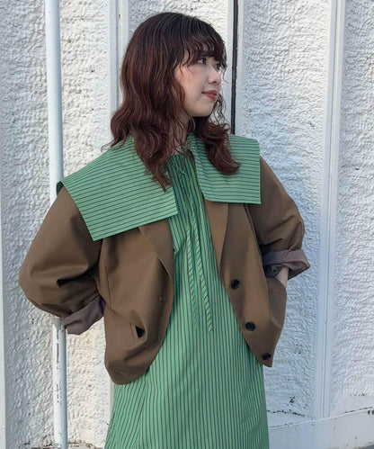 方領套裝條紋連衣裙