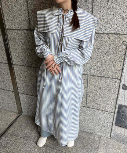 方領套裝條紋連衣裙