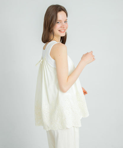 刺繡棉吊帶上衣×褲子套裝