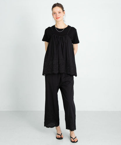 刺繡棉吊帶上衣×褲子套裝