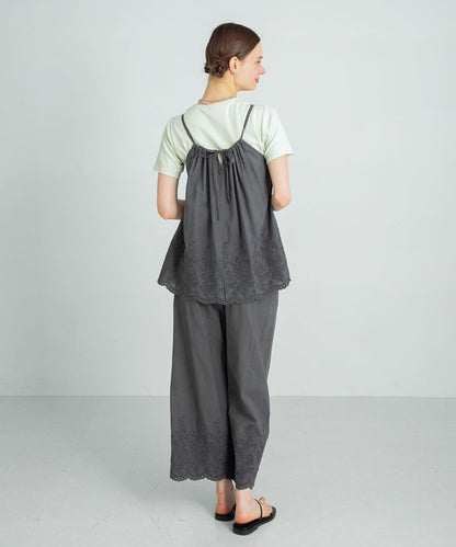 刺繡棉吊帶上衣×褲子套裝