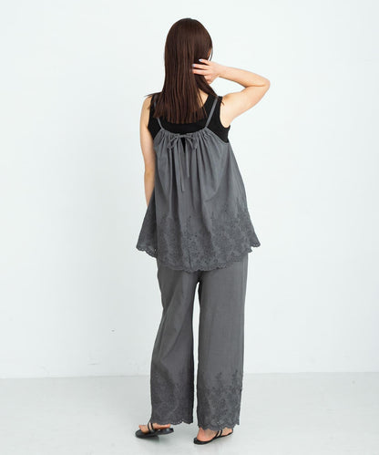 刺繡棉吊帶上衣×褲子套裝