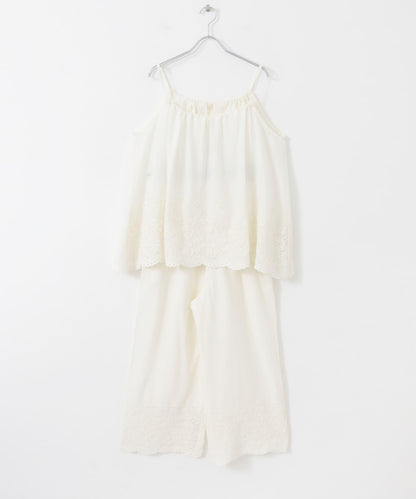 刺繡棉吊帶上衣×褲子套裝