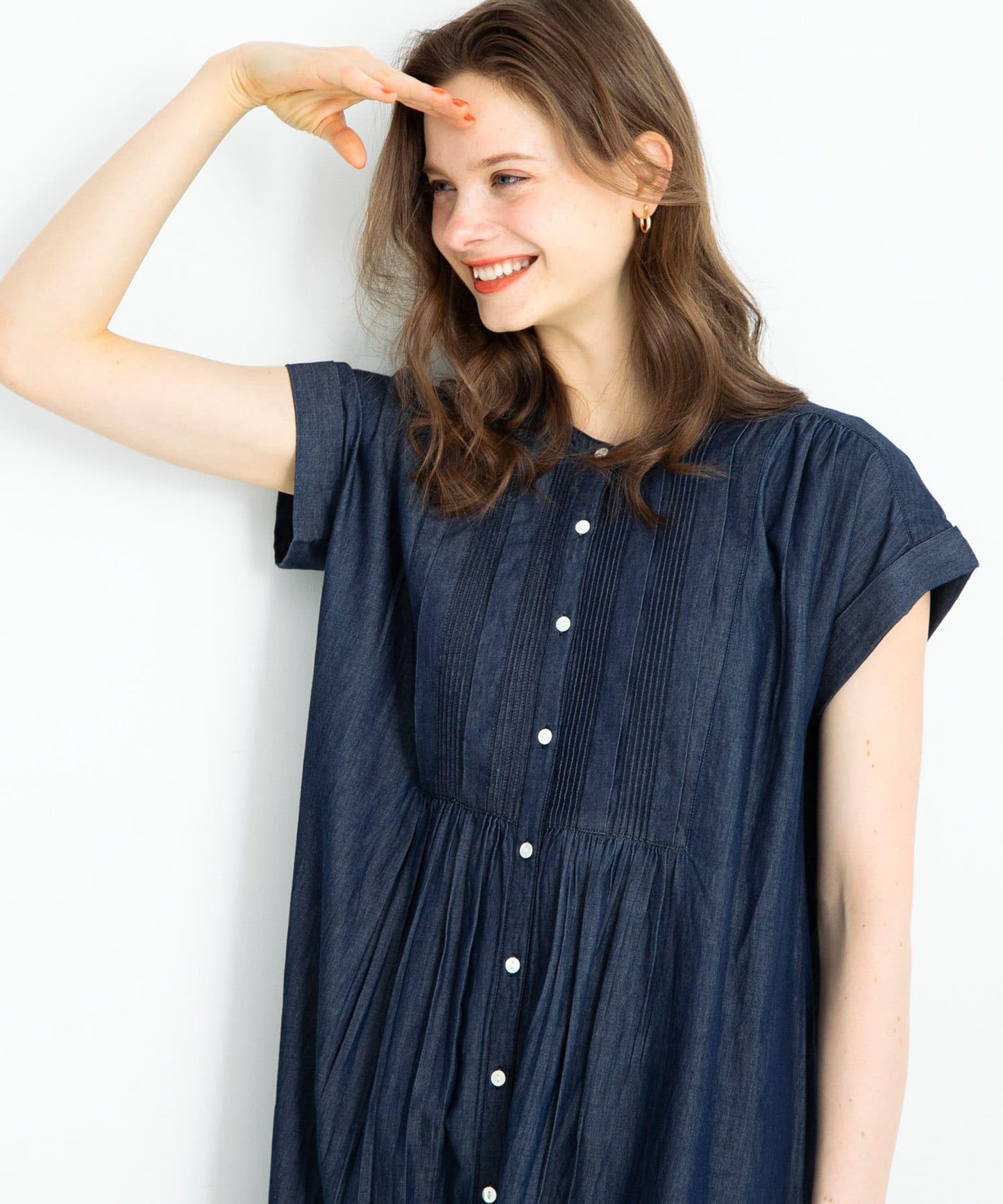 牛仔壓褶拼接法式連衣裙