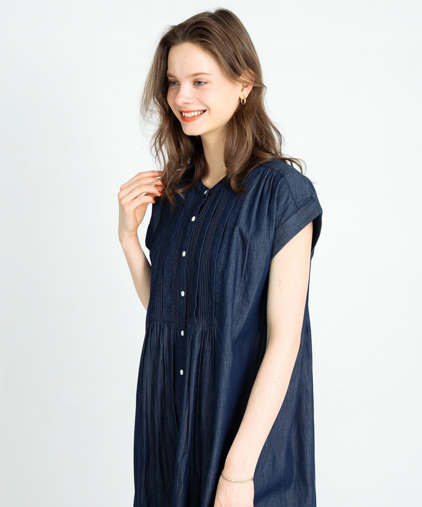 牛仔壓褶拼接法式連衣裙