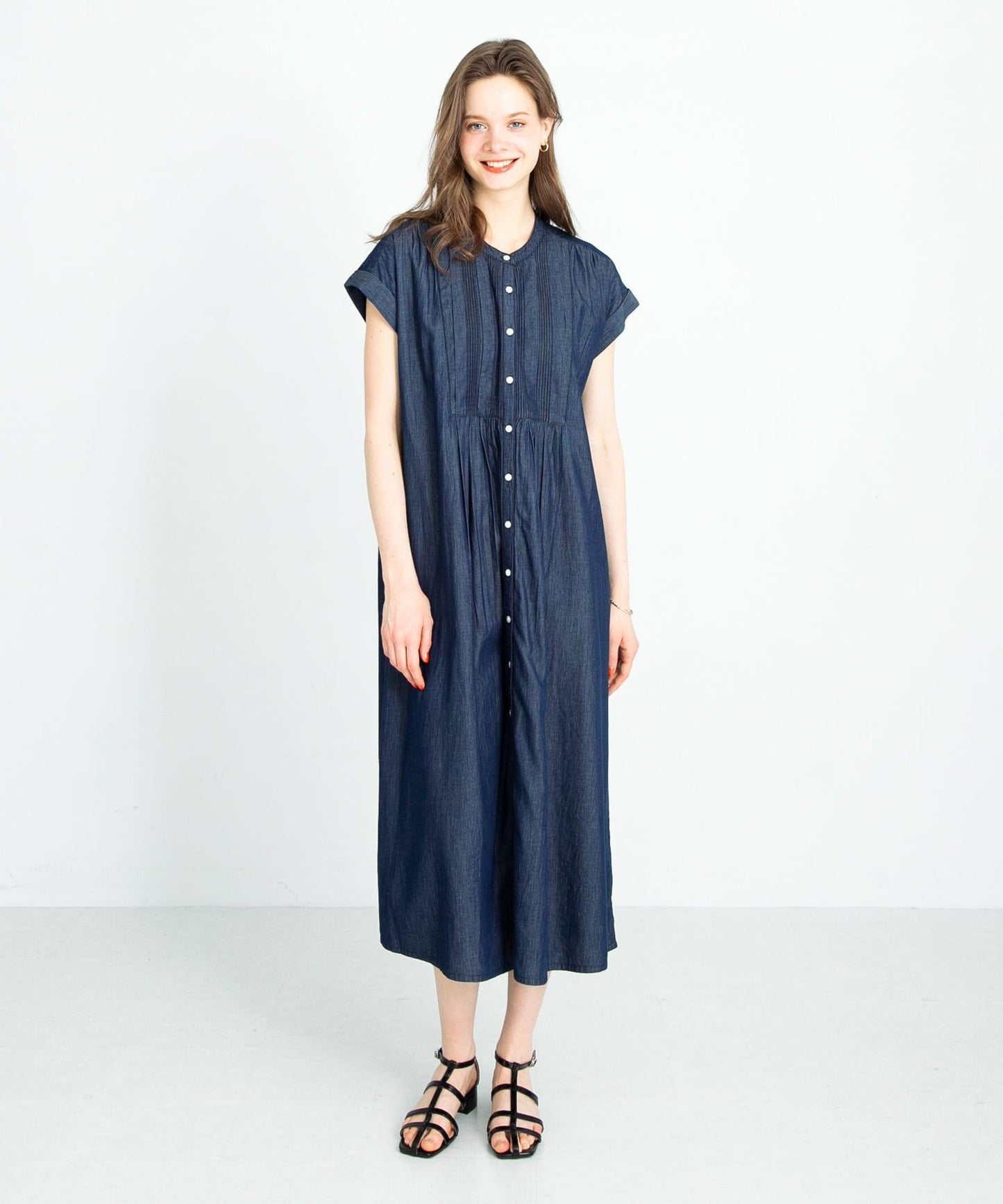 牛仔壓褶拼接法式連衣裙