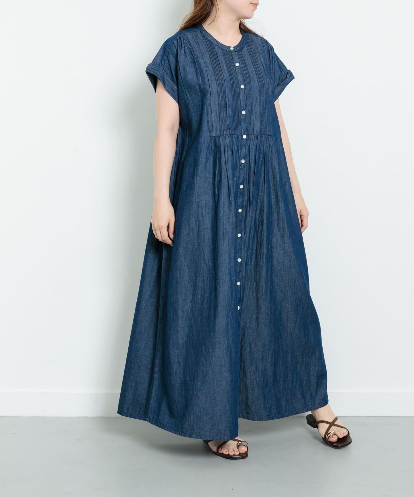 牛仔壓褶拼接法式連衣裙