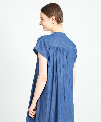 牛仔壓褶拼接法式連衣裙