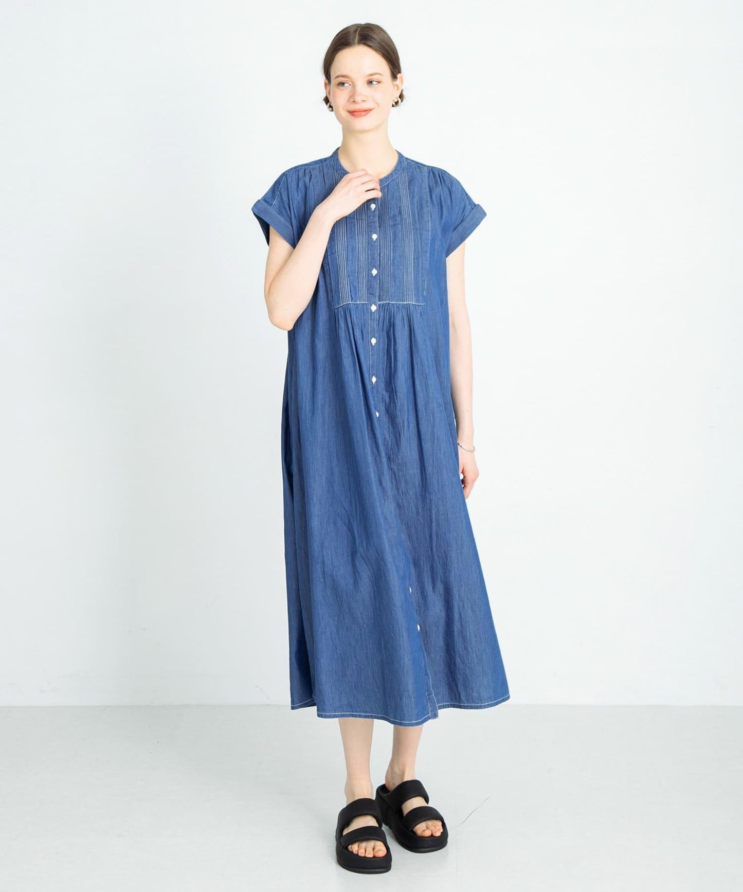 牛仔壓褶拼接法式連衣裙