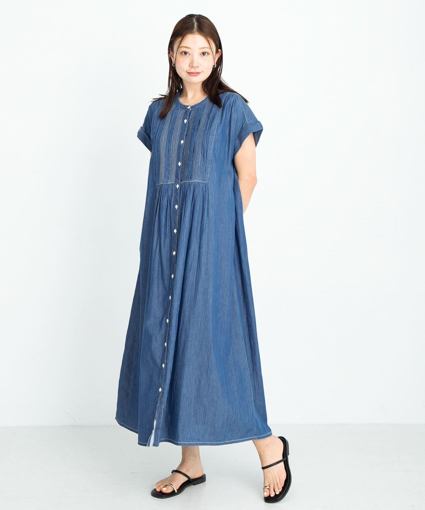 牛仔壓褶拼接法式連衣裙