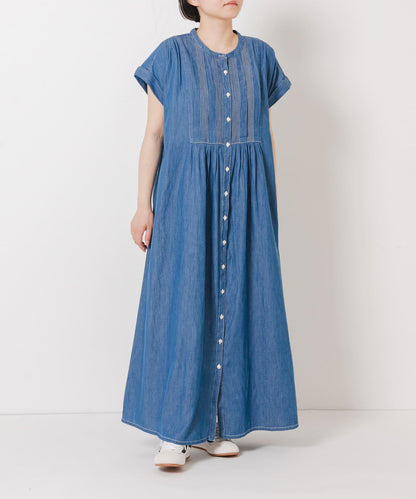 牛仔壓褶拼接法式連衣裙