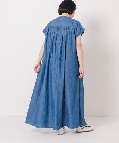 牛仔壓褶拼接法式連衣裙