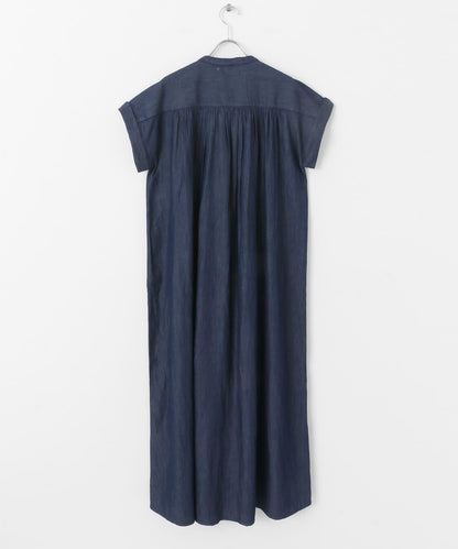 牛仔壓褶拼接法式連衣裙