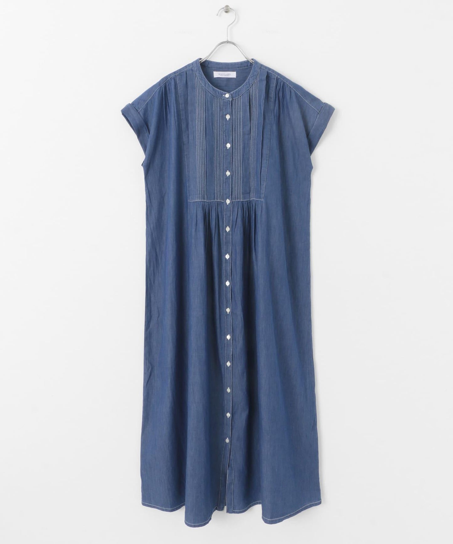 牛仔壓褶拼接法式連衣裙