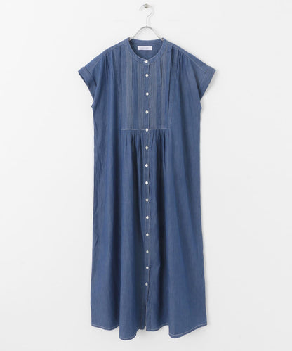 牛仔壓褶拼接法式連衣裙