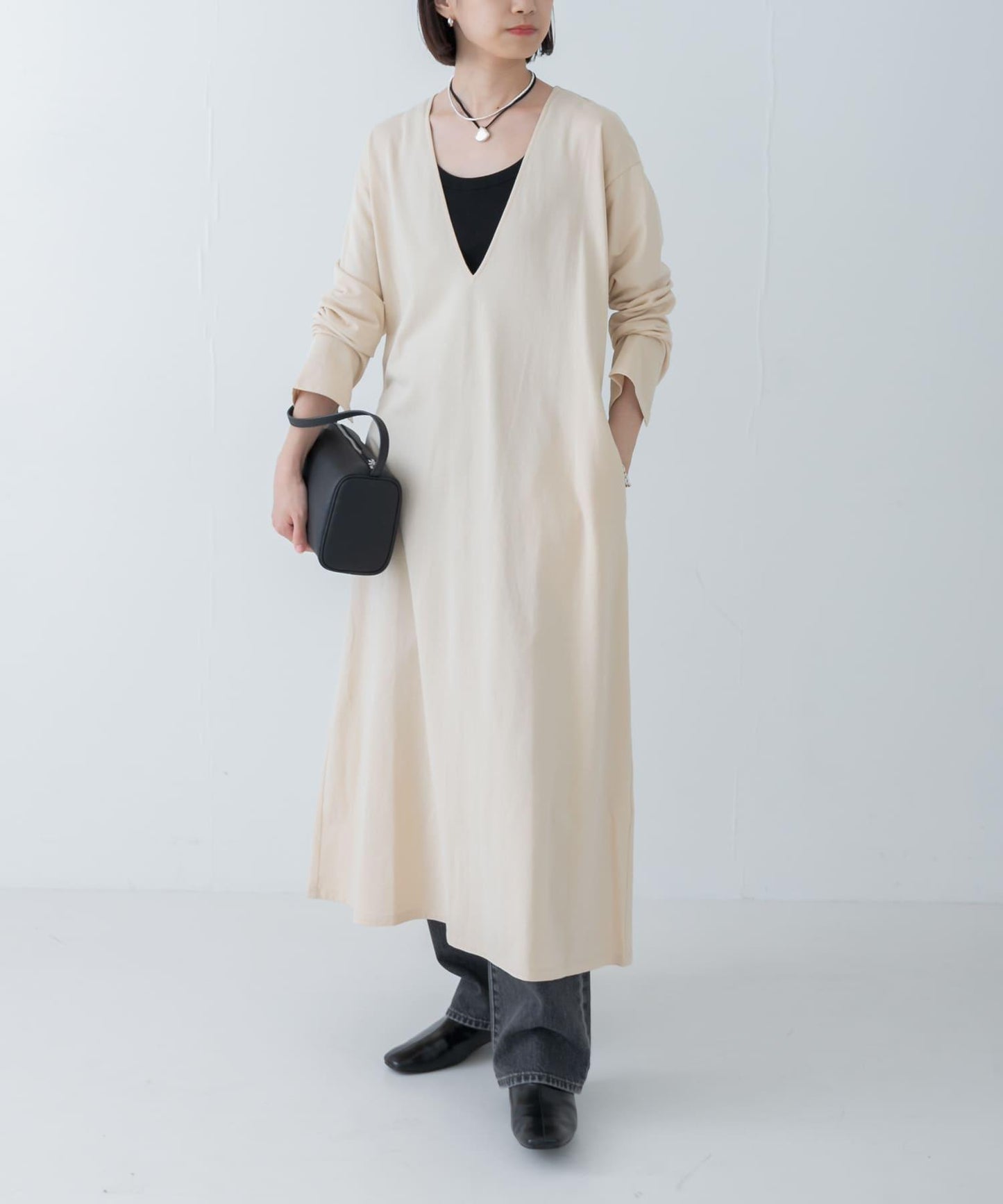 日本製造V領長款連衣裙