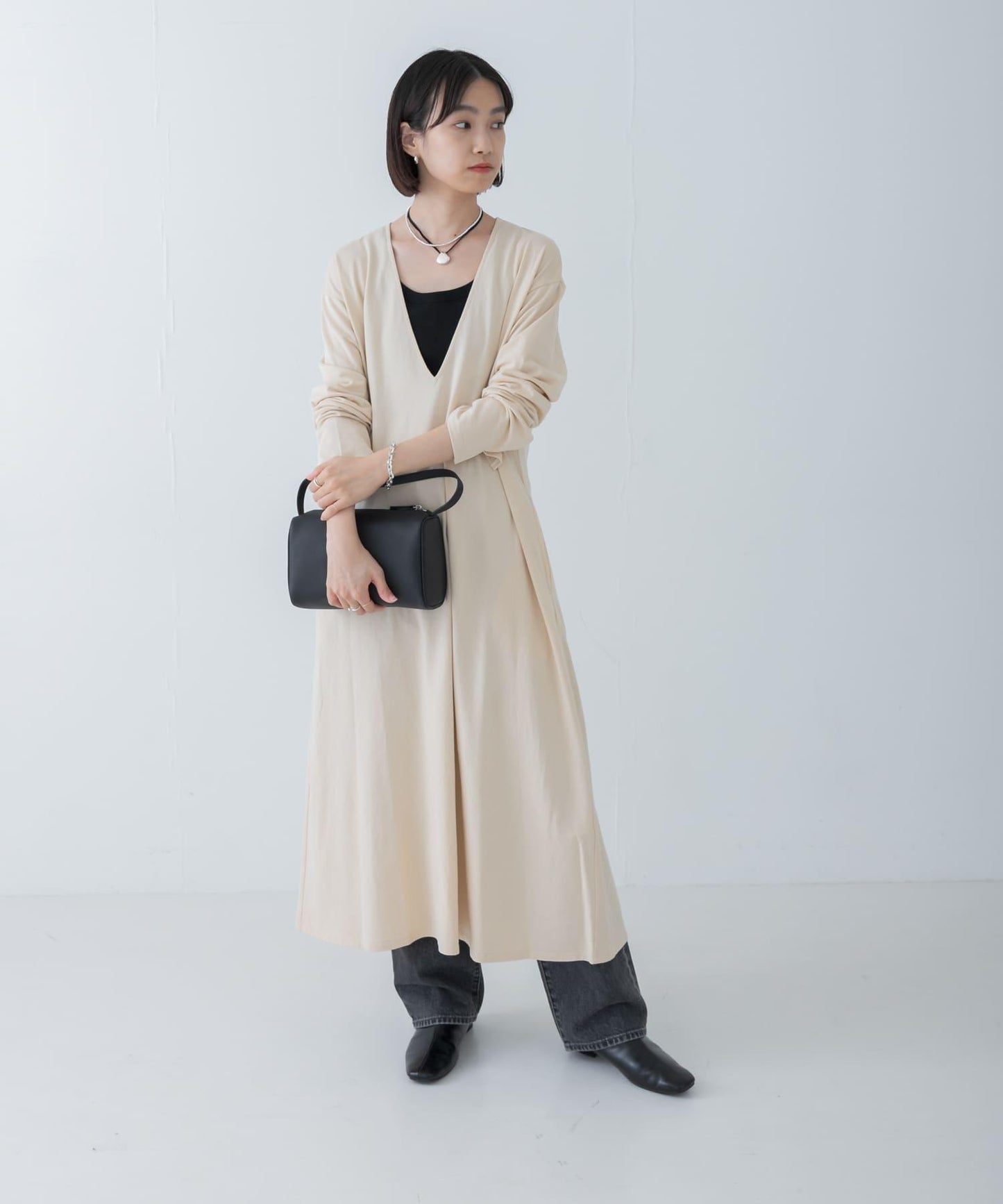 日本製造V領長款連衣裙