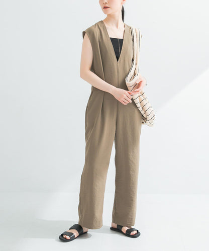 2尺碼可選亞麻風深V領連體褲