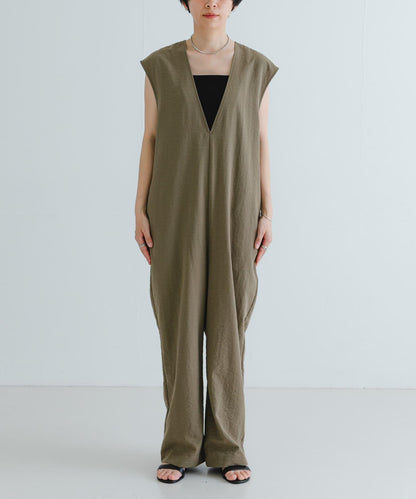 2尺碼可選亞麻風深V領連體褲