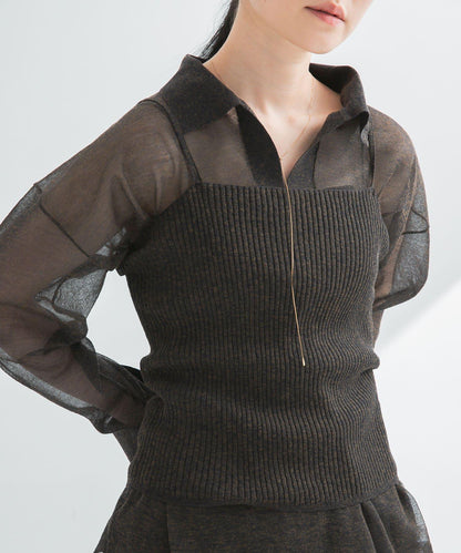 亞麻混紡羅紋透視吊帶背心