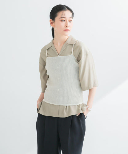 亞麻混紡羅紋透視吊帶背心