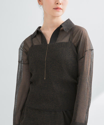 亞麻混紡羅紋透視吊帶背心