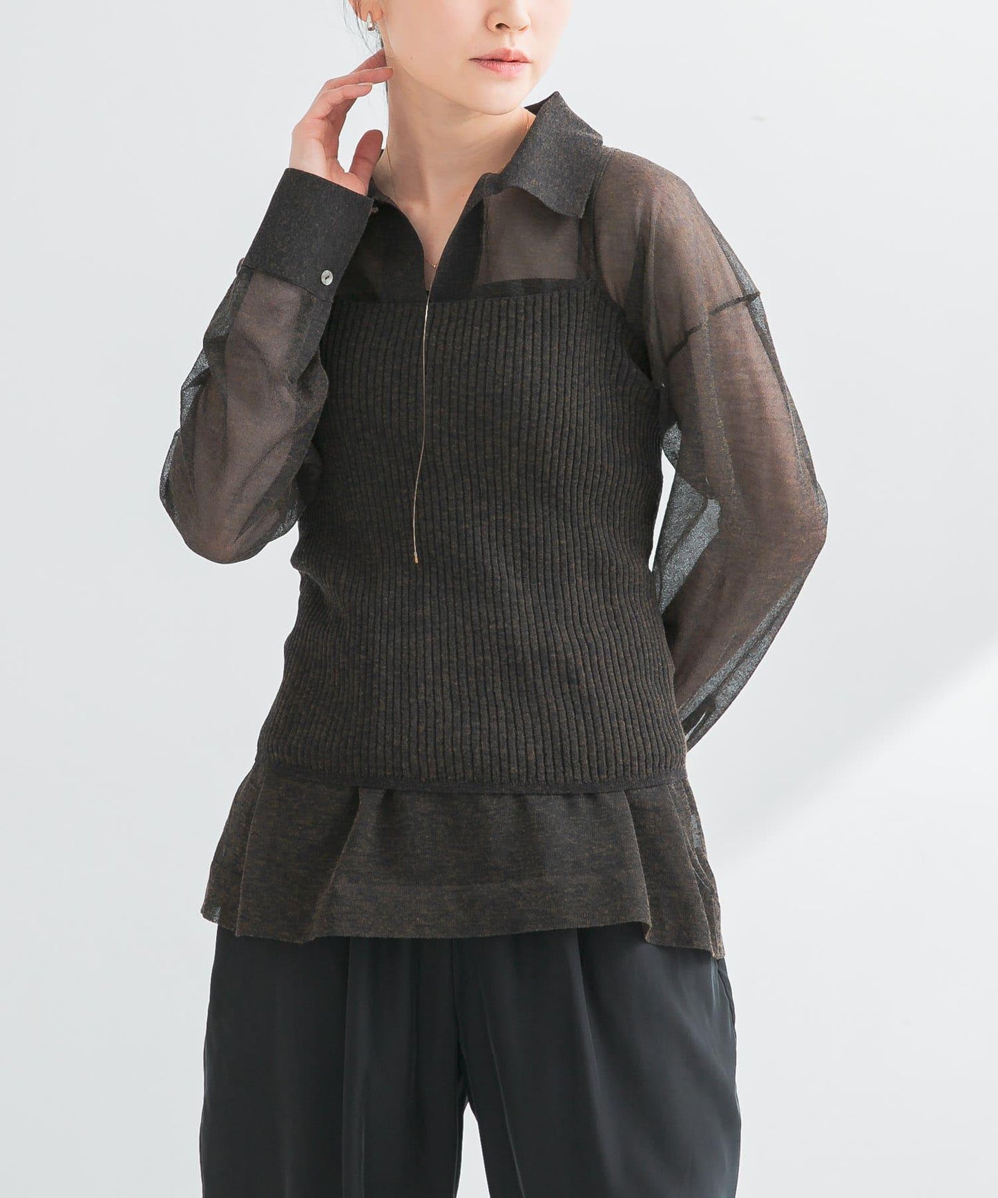 亞麻混紡羅紋透視吊帶背心