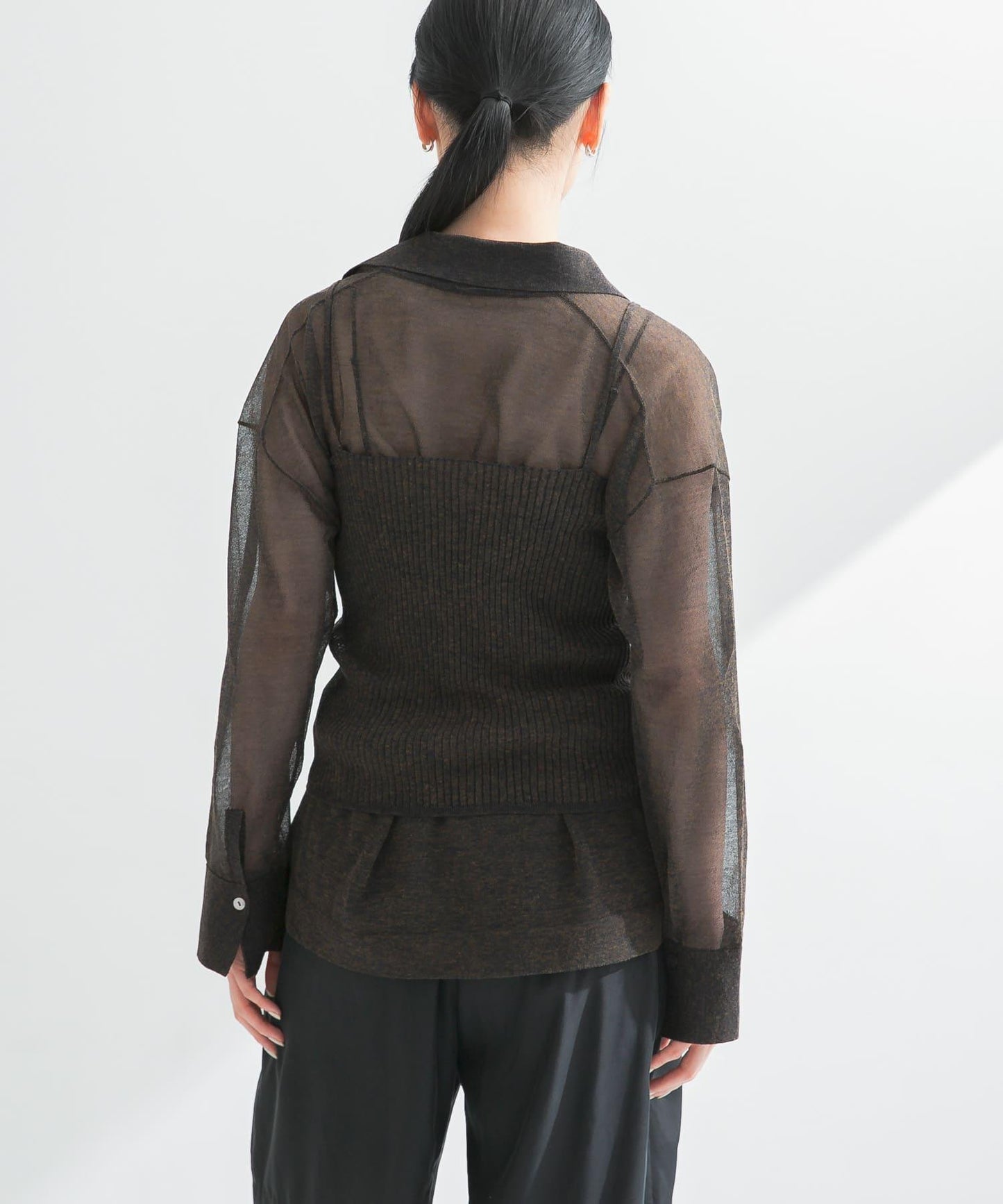 亞麻混紡羅紋透視吊帶背心