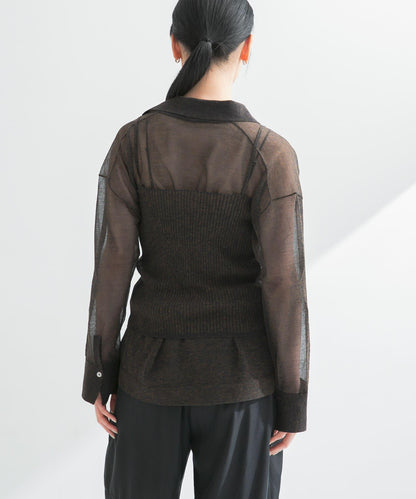 亞麻混紡羅紋透視吊帶背心