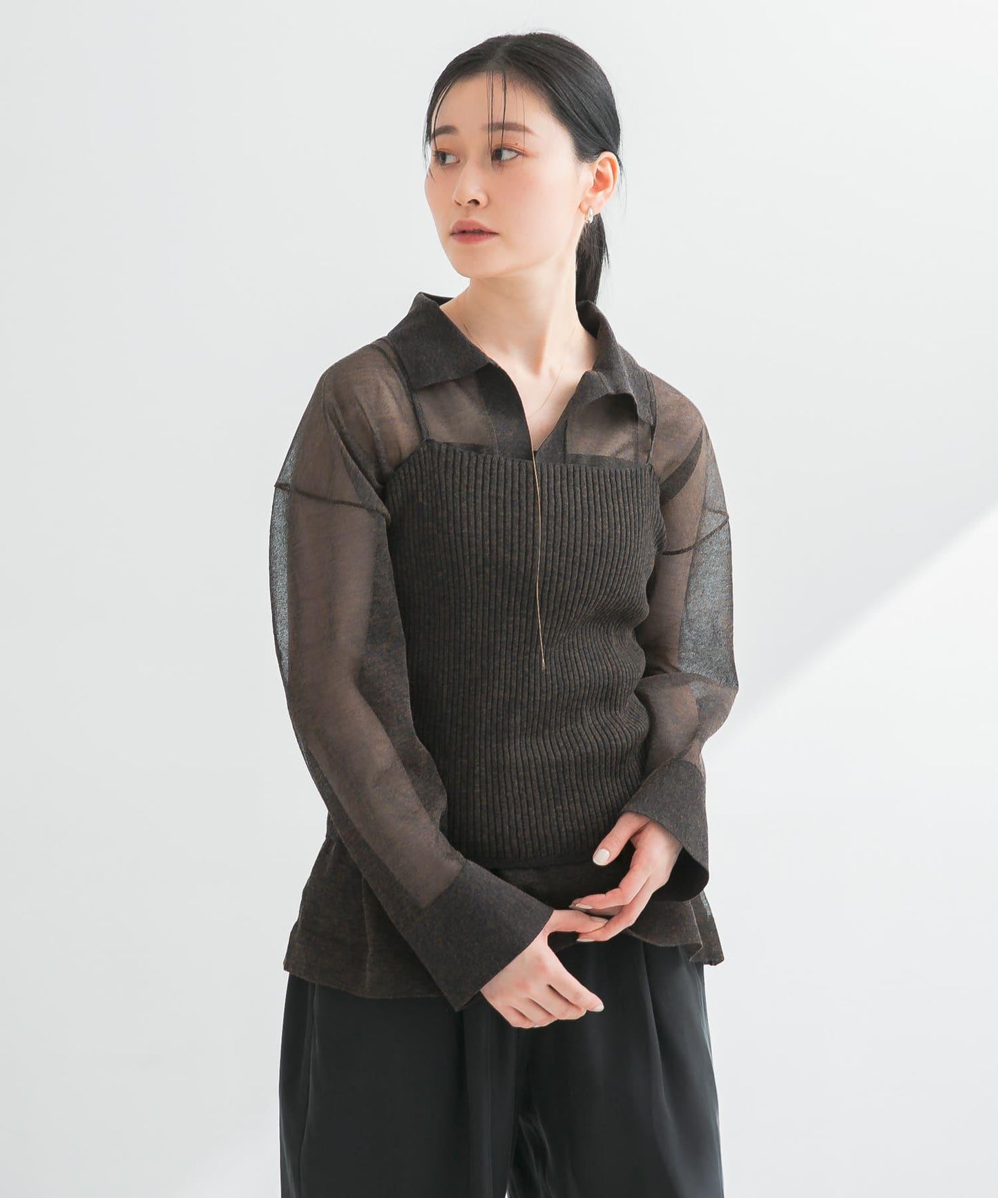 亞麻混紡羅紋透視吊帶背心