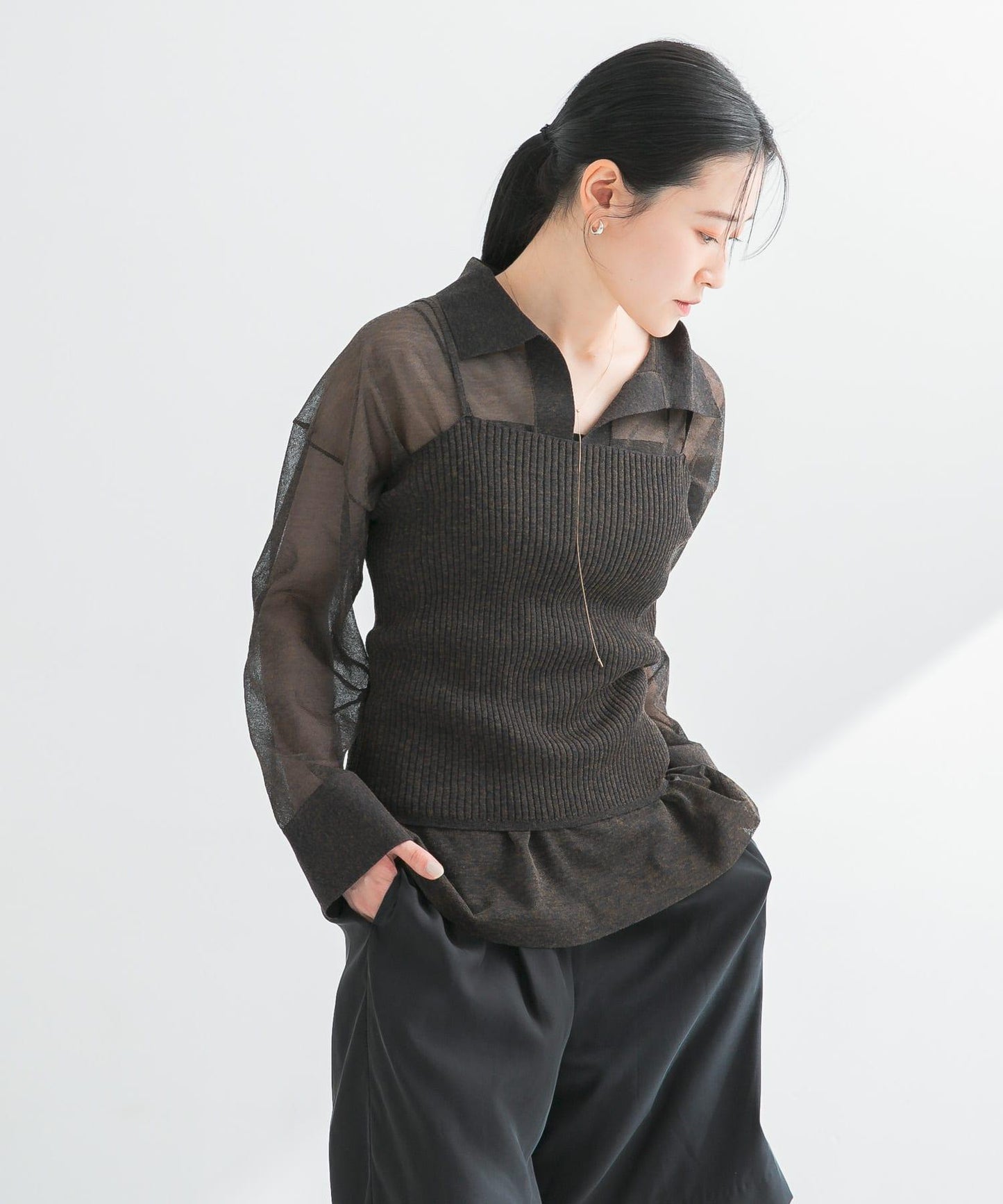 亞麻混紡羅紋透視吊帶背心