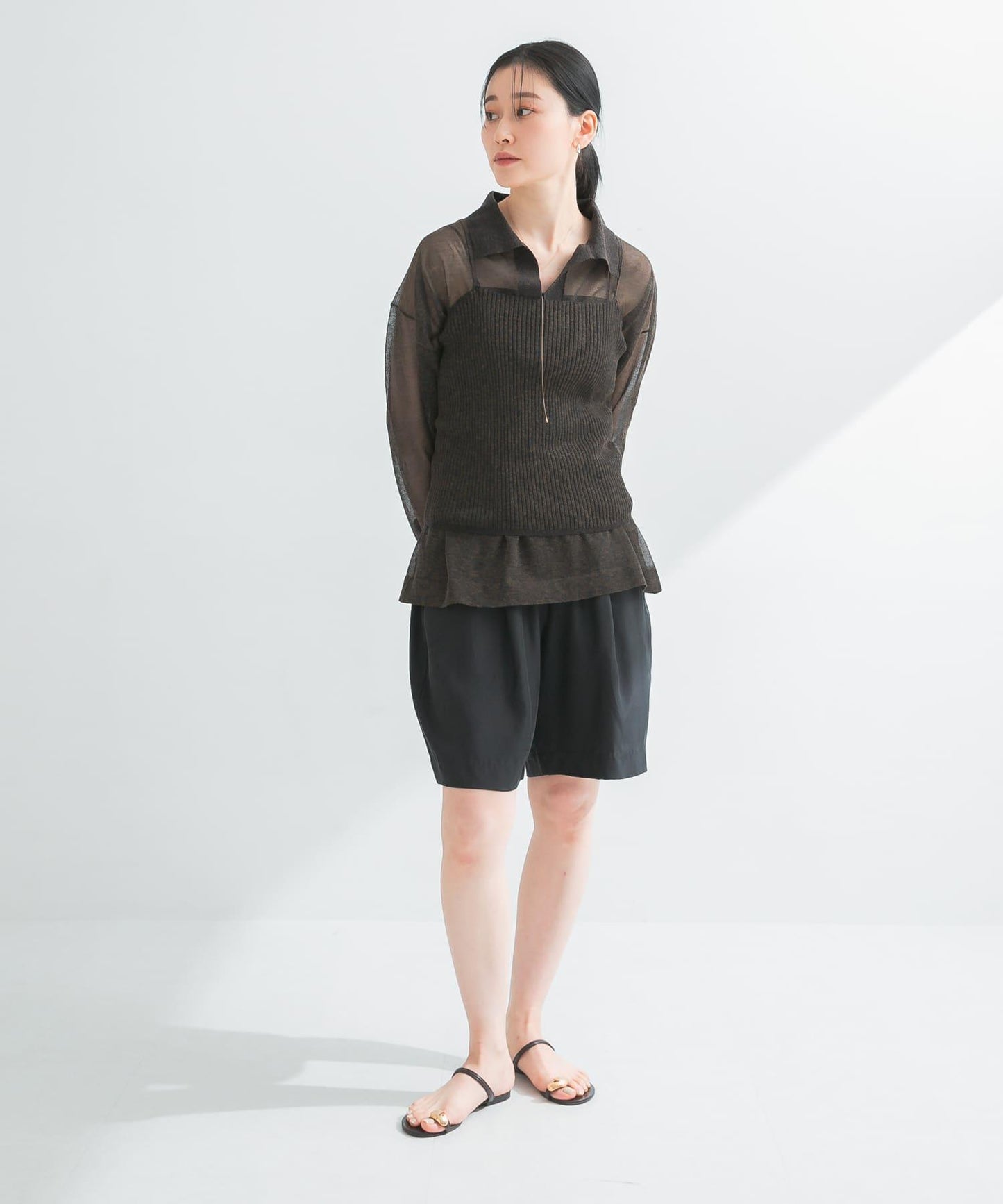 亞麻混紡羅紋透視吊帶背心