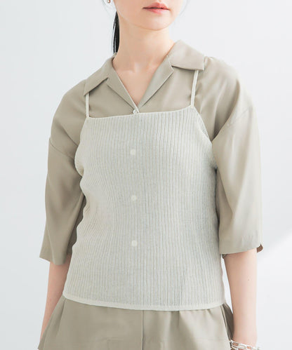 亞麻混紡羅紋透視吊帶背心