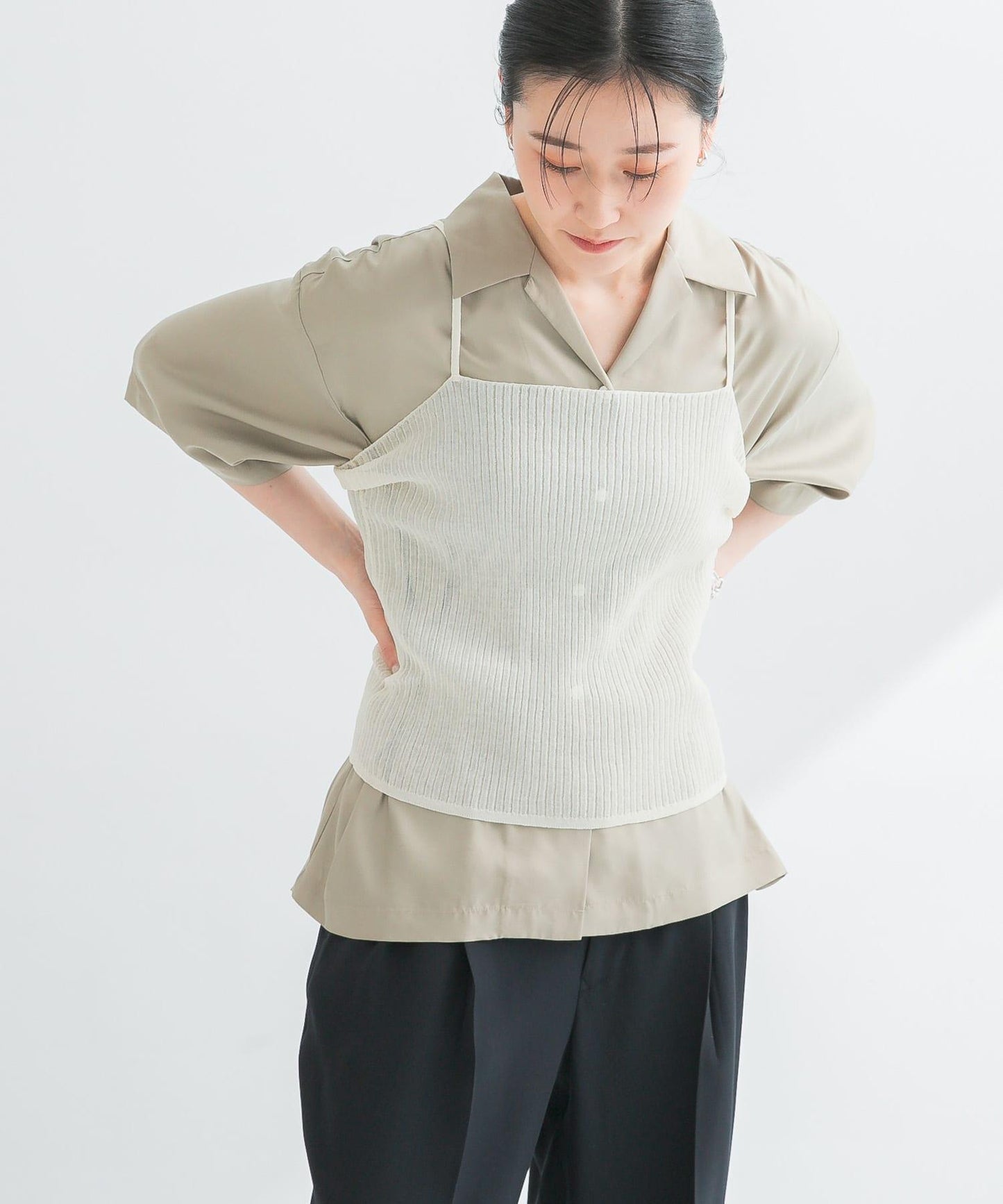 亞麻混紡羅紋透視吊帶背心