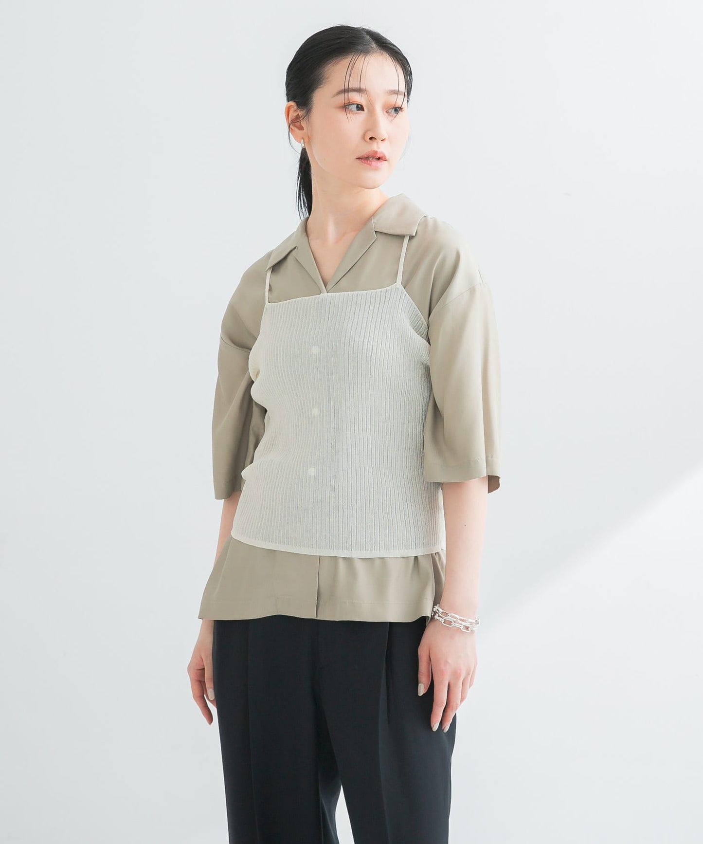 亞麻混紡羅紋透視吊帶背心