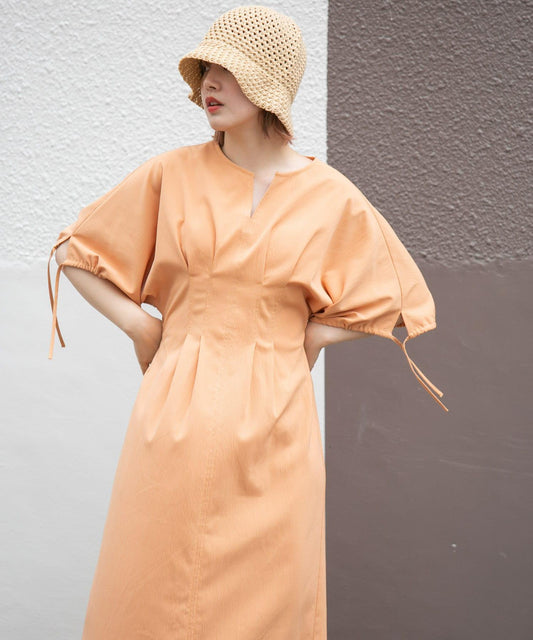 2尺碼可選抽繩袖腰部褶皺連衣裙