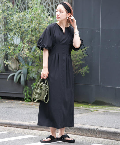 2尺碼可選抽繩袖腰部褶皺連衣裙