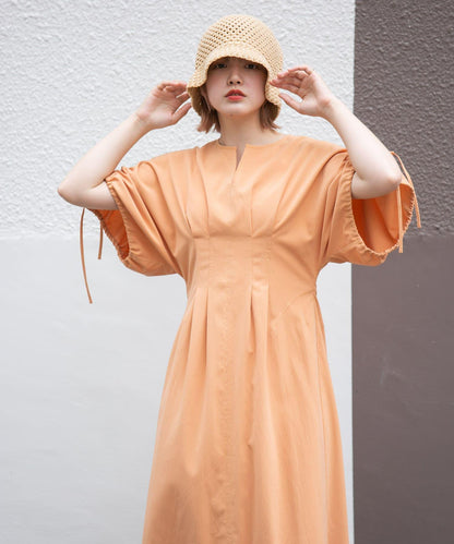 2尺碼可選抽繩袖腰部褶皺連衣裙