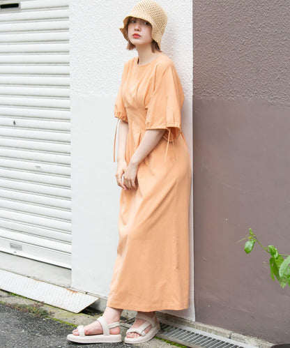 2尺碼可選抽繩袖腰部褶皺連衣裙