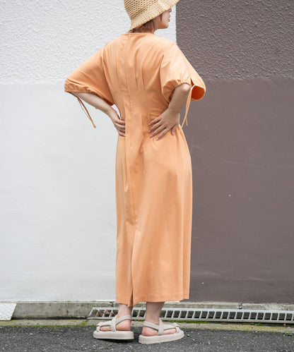 2尺碼可選抽繩袖腰部褶皺連衣裙