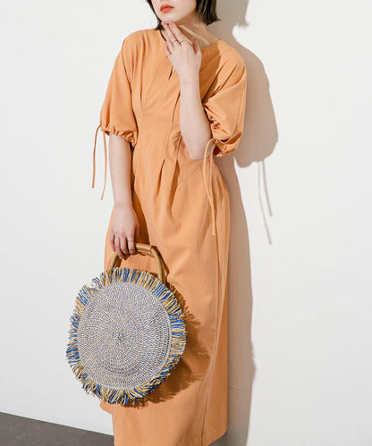 2尺碼可選抽繩袖腰部褶皺連衣裙