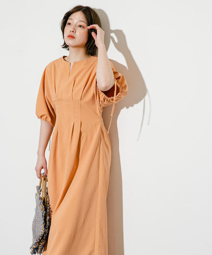 2尺碼可選抽繩袖腰部褶皺連衣裙