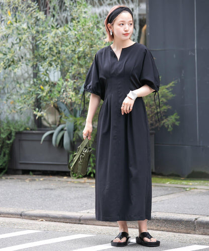 2尺碼可選抽繩袖腰部褶皺連衣裙