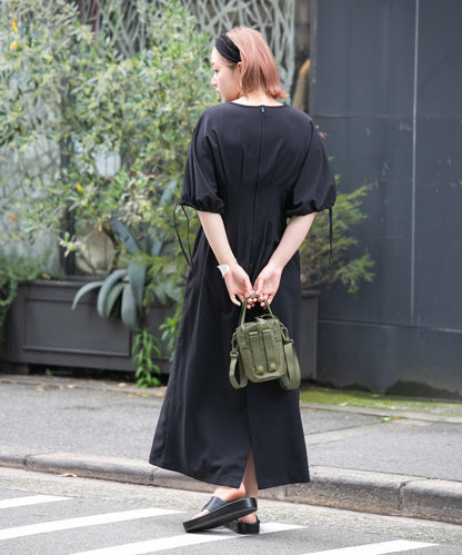 2尺碼可選抽繩袖腰部褶皺連衣裙