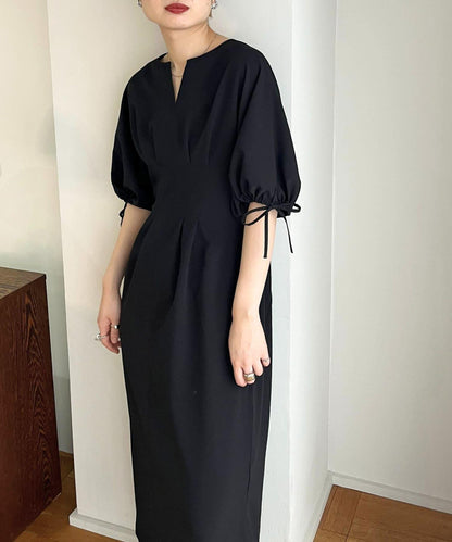 2尺碼可選抽繩袖腰部褶皺連衣裙