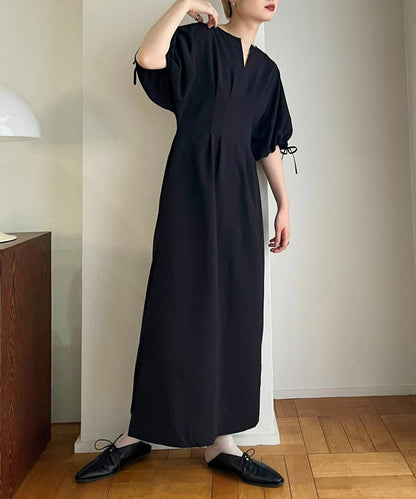 2尺碼可選抽繩袖腰部褶皺連衣裙