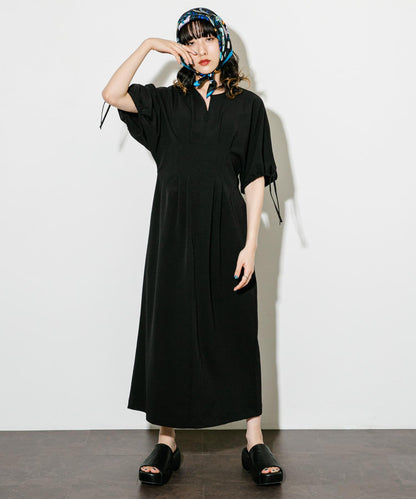 2尺碼可選抽繩袖腰部褶皺連衣裙