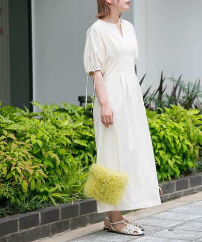 2尺碼可選抽繩袖腰部褶皺連衣裙