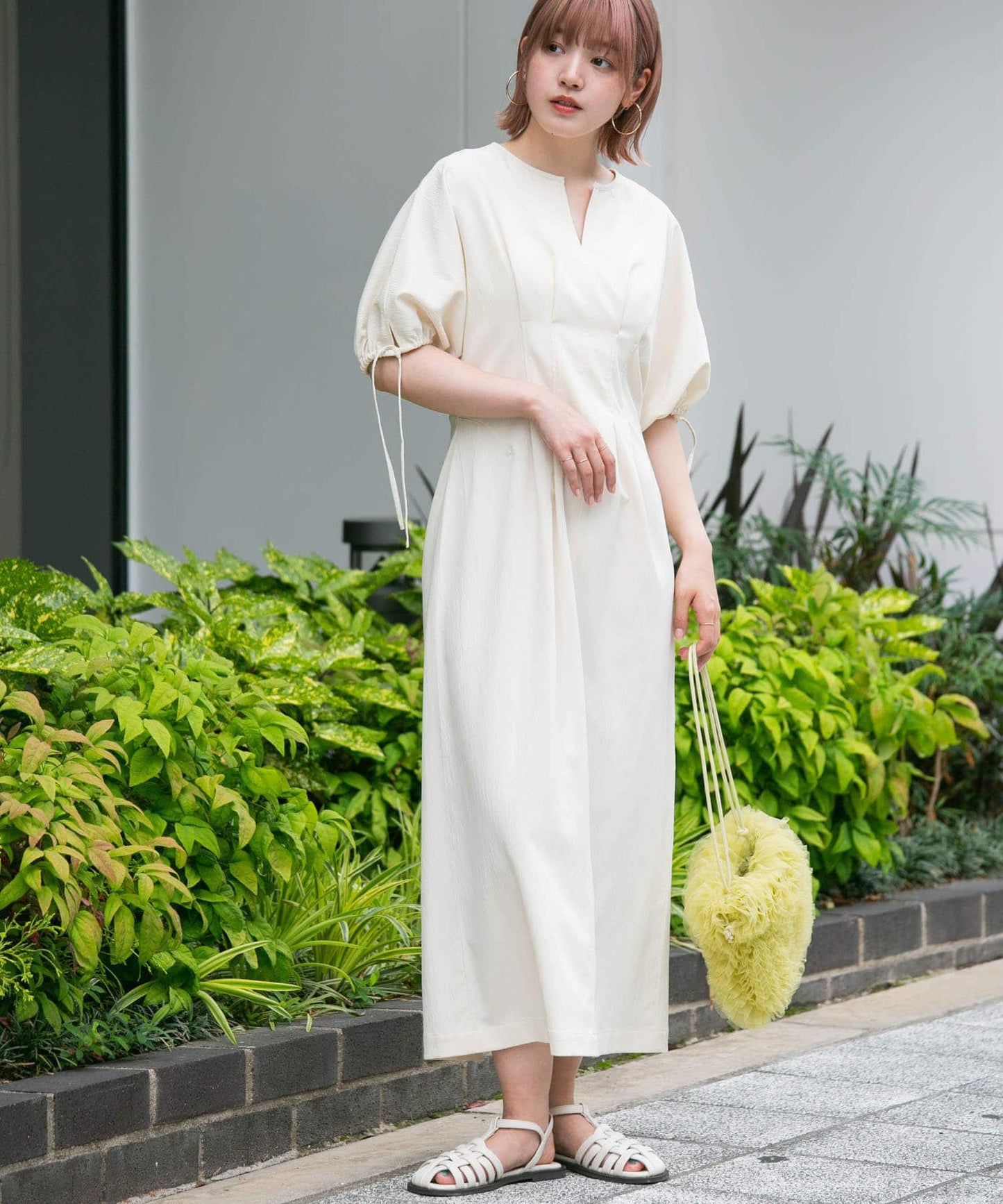 2尺碼可選抽繩袖腰部褶皺連衣裙