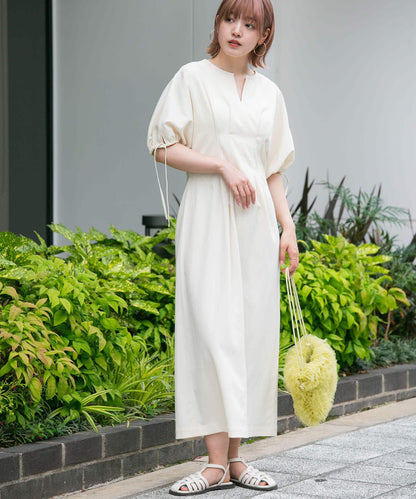 2尺碼可選抽繩袖腰部褶皺連衣裙